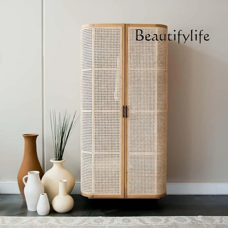 Vine woven pure solid wood Southeast Asian design, simple and minimalist art wardrobe for small wooden units