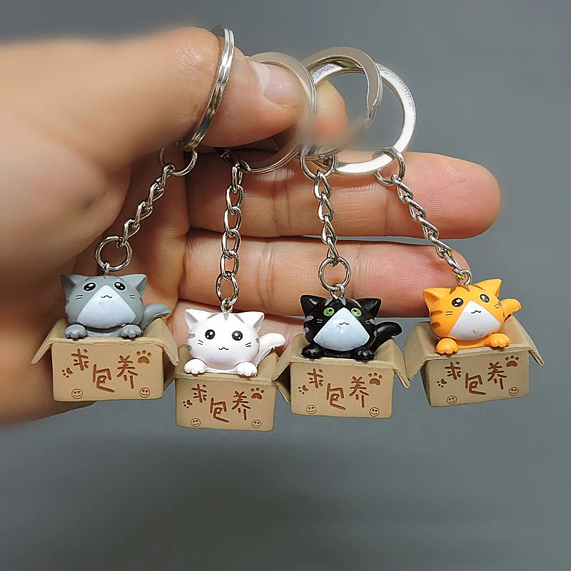 Creative Cat Box Keychain for Couple Cute Cartoon Kitten Animal Key Ring Funny Design Bag Pendant Kids Girls Birthday Gift