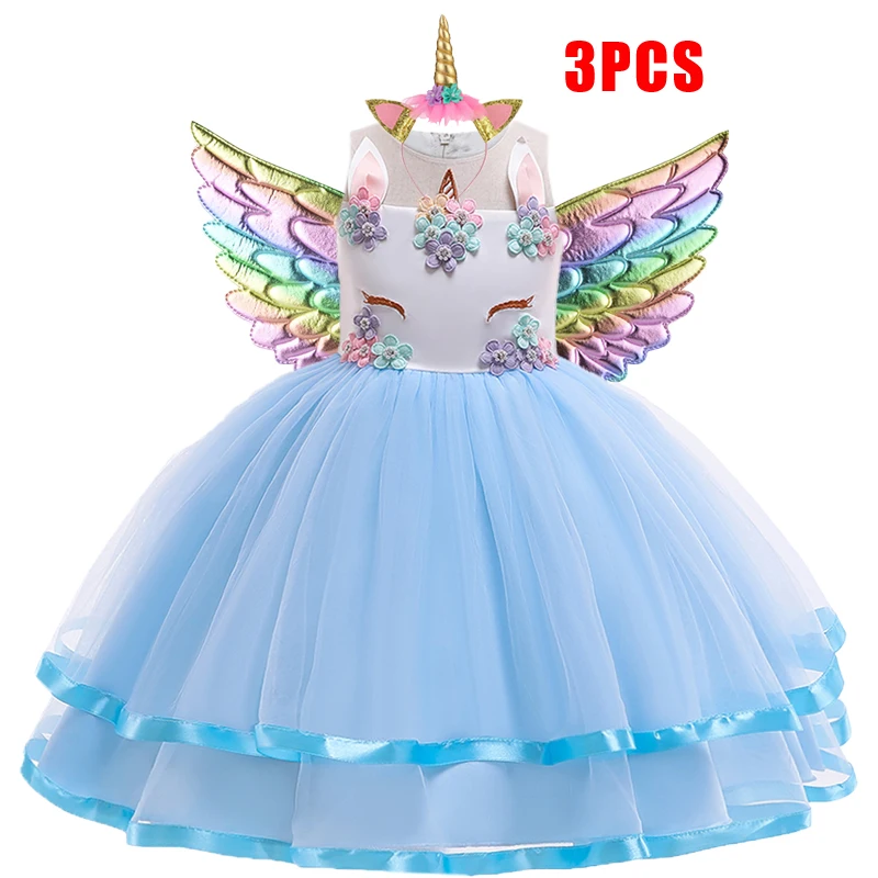 Summer Rainbow Unicorn Girls Dress Cosplay Gown Flower Party Birthday Princess Prom Kids Dresses for Girl Wedding Child Costume