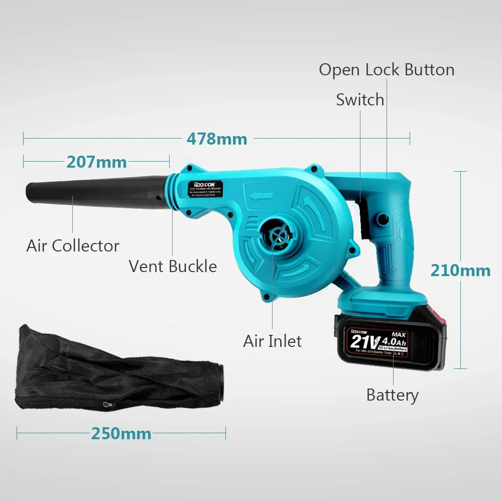 Soplador de aire eléctrico inalámbrico 2 en 1, soplador de vacío, soplador y succión, colector de polvo de hojas de mano para batería Makita