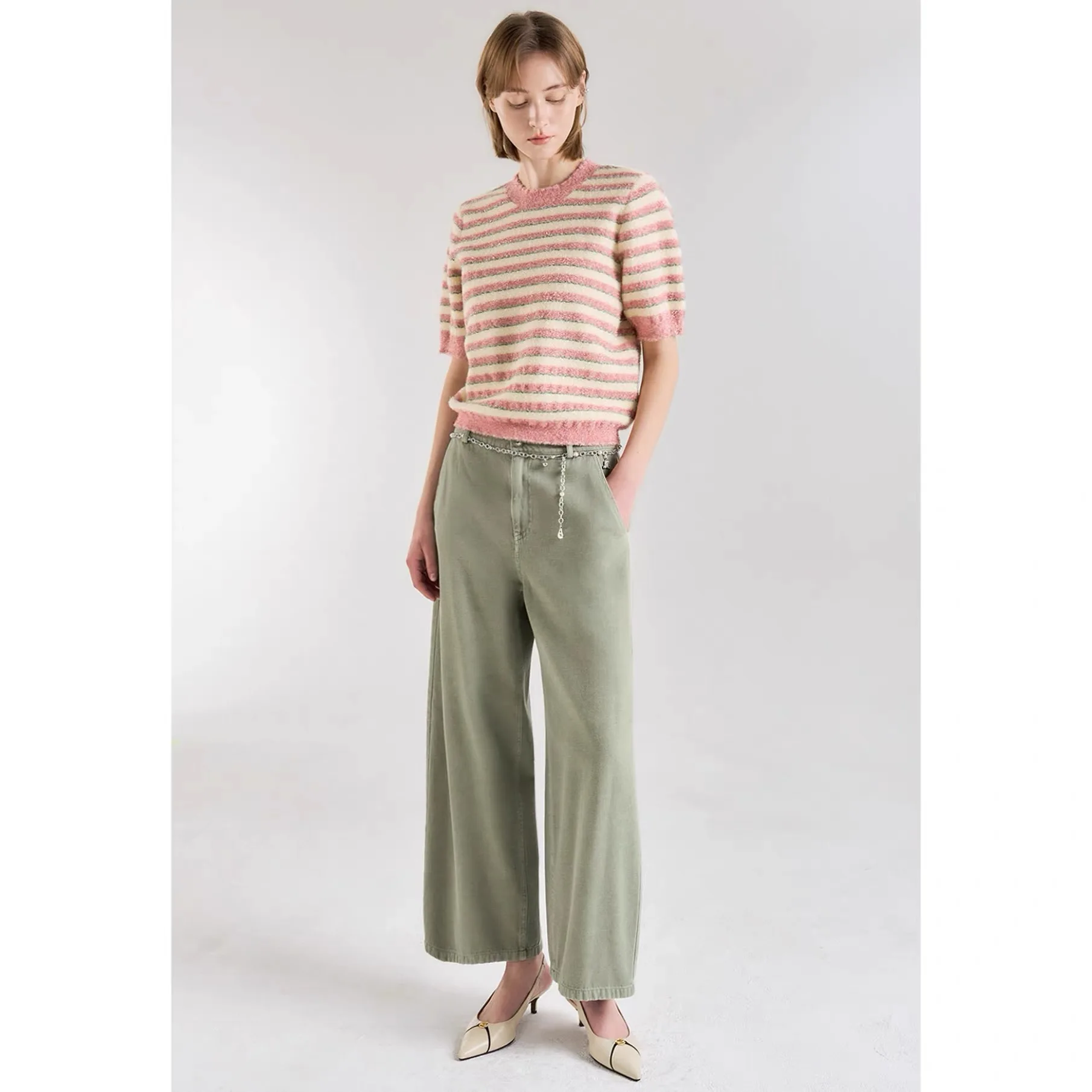 

Вязаный свитер Lemon Cheese LAN26 Spring Round Ne Elastic Color Blo Stripe Anti-Aging Versatile Slim Short Sleeve