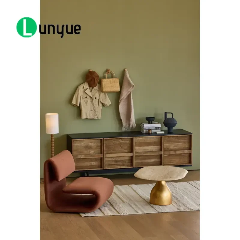 French Country Style Elm Sideboard Dark Brown Retro Minimalist Storage Cabinet for Living Room Solid Wood Furniture