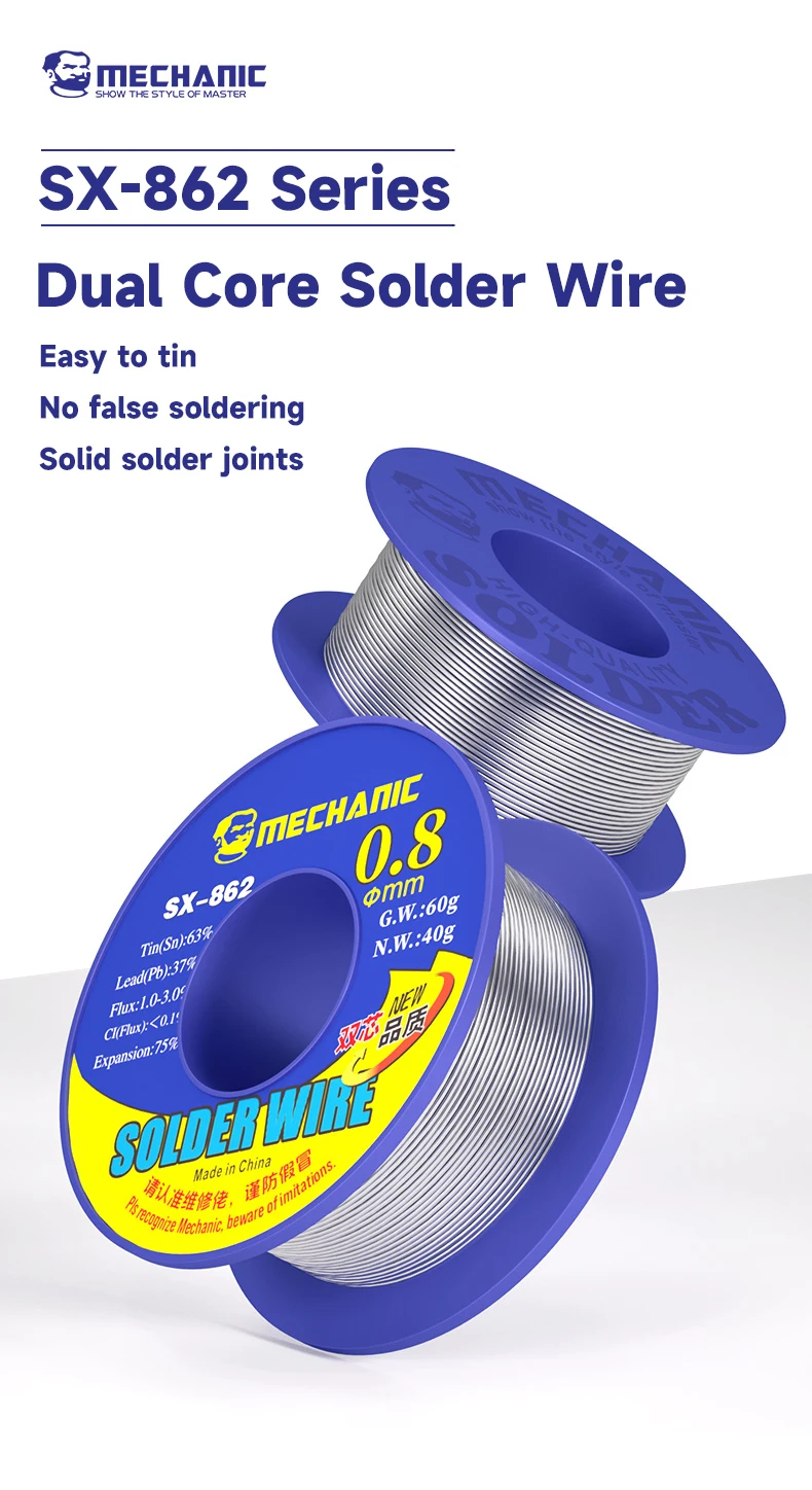 MECHANIC 2/5/10 Pcs SX-862 60g Dual Core Solder Wire with Two Flux Cores 183-200C Melting Point Strong Welding