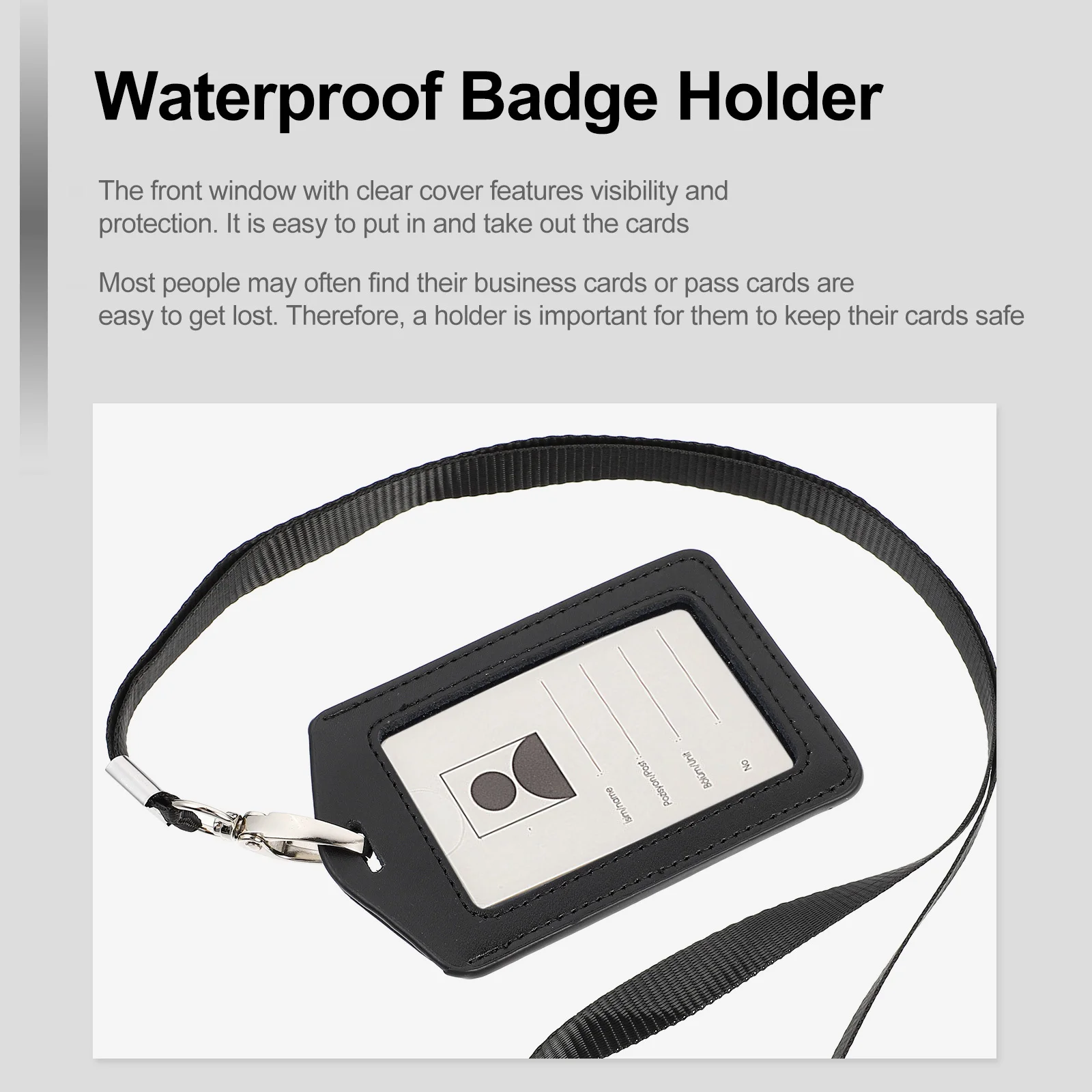 

Id Badge Holder Black Waterproof Pu Material For Employee Bus Card Pass Pouch Comfortable Long Lanyard Strap Lightweight