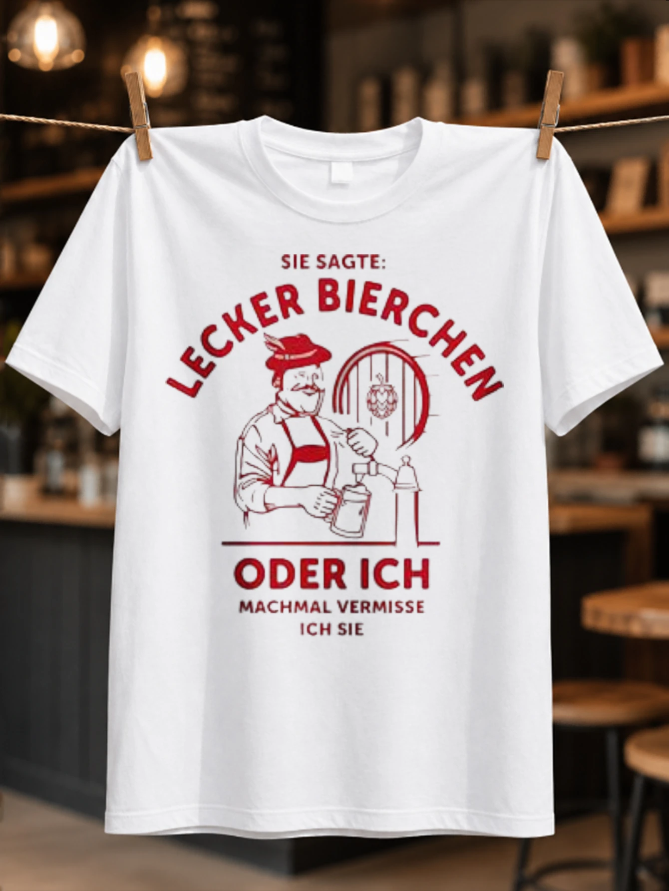Lecker Bierchen Oder Ich German pub humor lettering with bartender illustration and red vintage  Unisex All T-Shirt