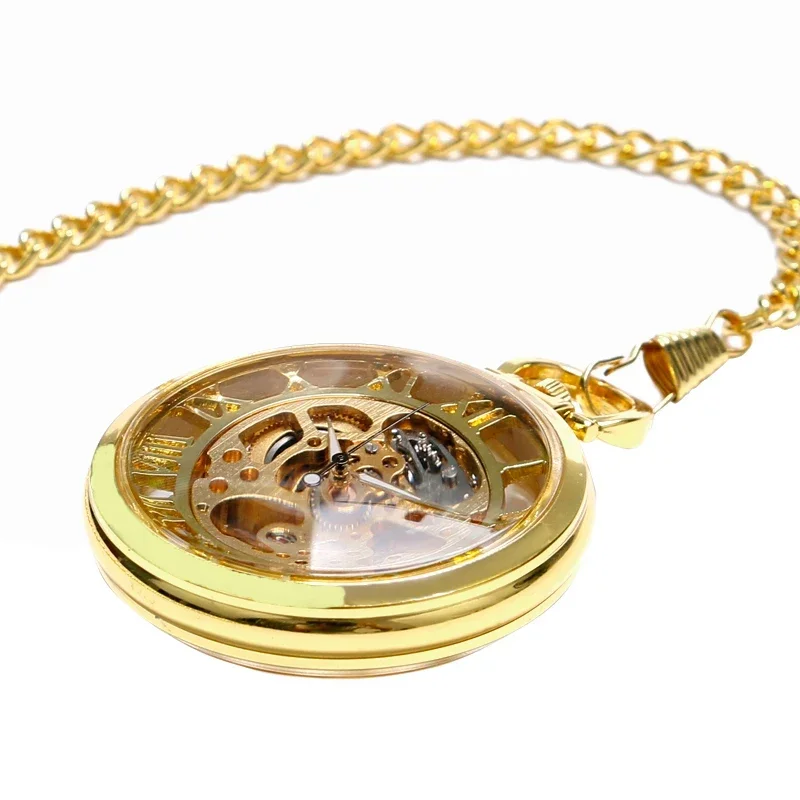 Luxury Golden Pocket Watch Pendant Handwinding Mechanical Watches for Men Women Roman Numeral Clock Open Face Timepiece