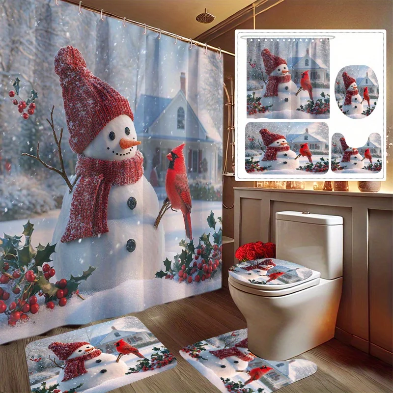 

4pcs Winter Snow Fun Print Shower Curtain Set, Decorating Bathroom Set Includes Shower Curtain, Non-Slip Floor Mat, Toilet Lid