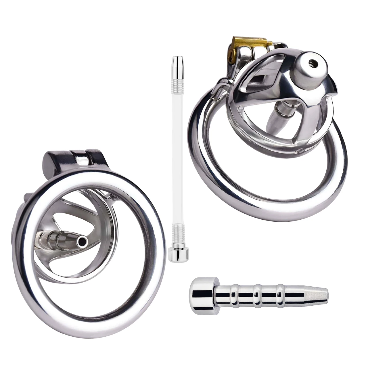 FRRK Stainless Steel Chastity Cage with Urethral Catheter for Men Abstinence Infidelity Prevention Four Sizes Penis Ring Conduit