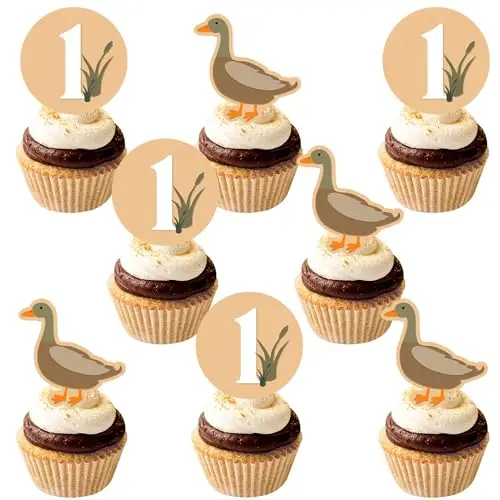 

36PCS Mallard Duck 1st Birthday Cupcake Toppers One Lucky Duck Birthday Cake Decor for Animal Duck Baby Shower Birthday Supplies