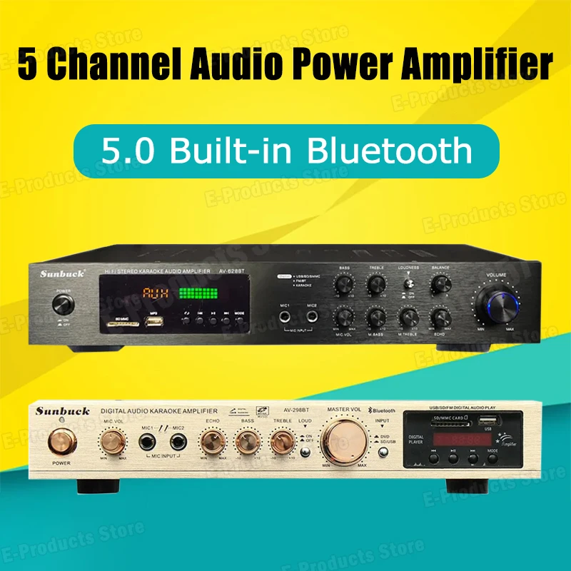 Amplificadores de sonido SUNBUCK AV-628/298BT de 110/220V, Bluetooth 5,0, amplificador de potencia de Audio para cine en casa, compatible con FM, USB con Control remoto