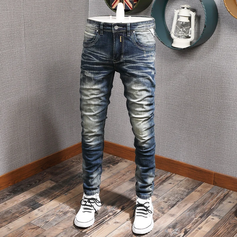 

Newly Designer Fashion Men Jeans Retro Blue Elastic Slim Fit Ripped Jeans Men Trousers Vintage Casual Stretch Denim Pants Hombre