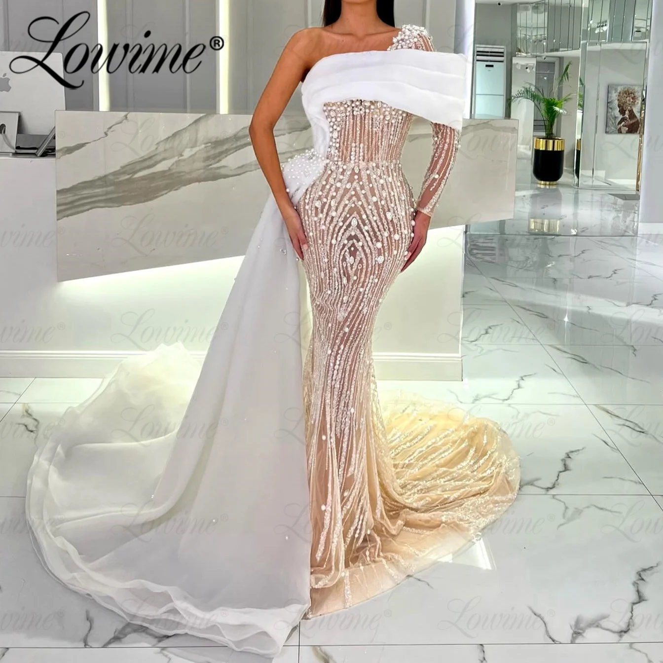 White and Champagne Arabic Evening Dresses One Shoulder Pearl Crystals Long Mermaid Party Gowns For Wedding 2024 Robe Prom Dress