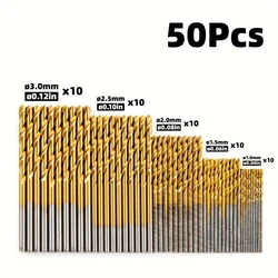 50pcs Titanium Coated Drill Bits Set 1/1.5/2/2.5/3mm titanium plated high-speed steel For Metal Wood Aluminum Drilling Tools