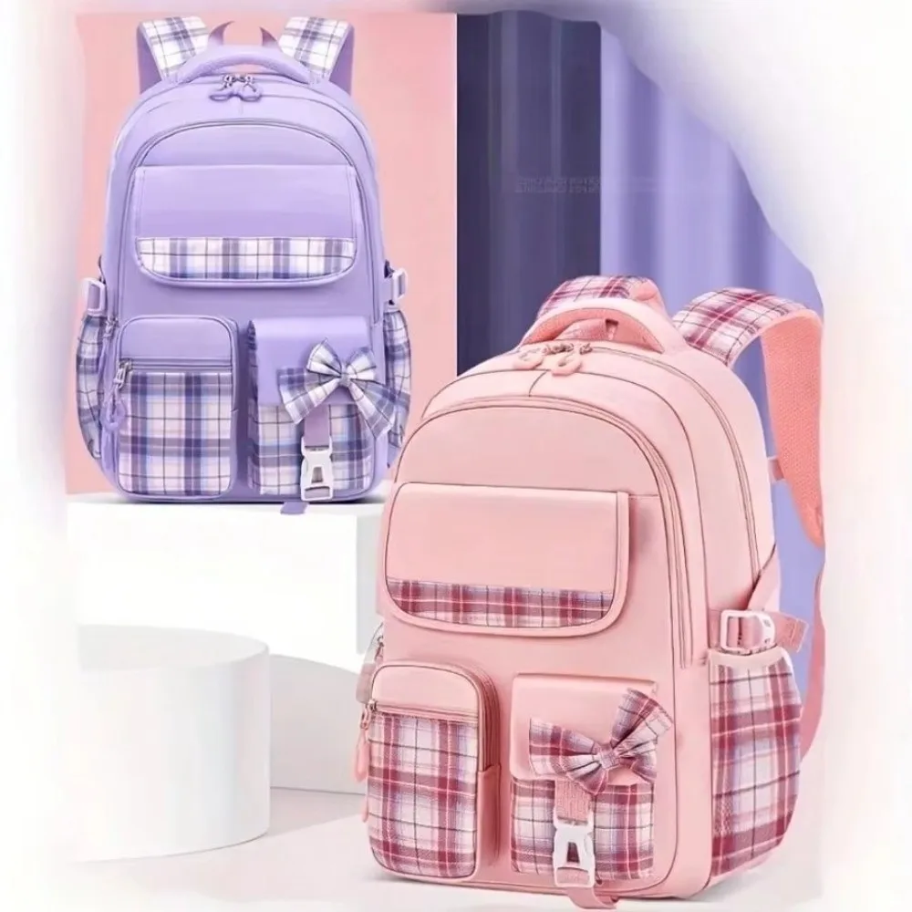 Spine Protection Large Capacity School Backpack Checkered Plaid Student Backpack Breathable Bow Girls Backpack Elementary School