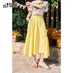 ELFSACK 2024 summer new arrival Casual style green irregular pleated loose design large skirt for women