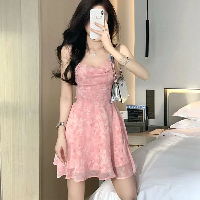 Y2K Pink Romantic Floral Spaghetti Slip Dress Women 2022 Summer Slim Elastic High Waist Party Club Mini Dresses