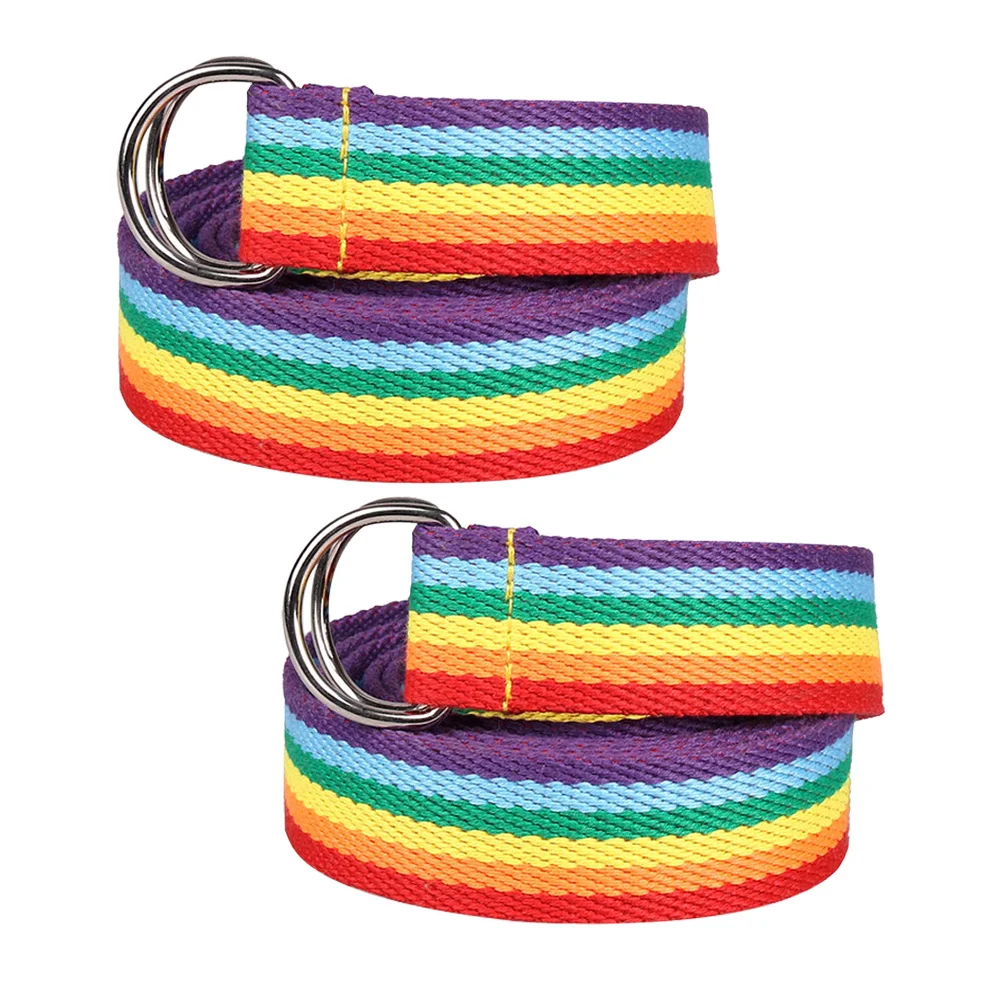 2Pcs Rainbow Stripe Weaving Waist Belt for Women D-Ring Design Adjustable Wide Waistband Trendy Belts for Jeans Dresses Wrap