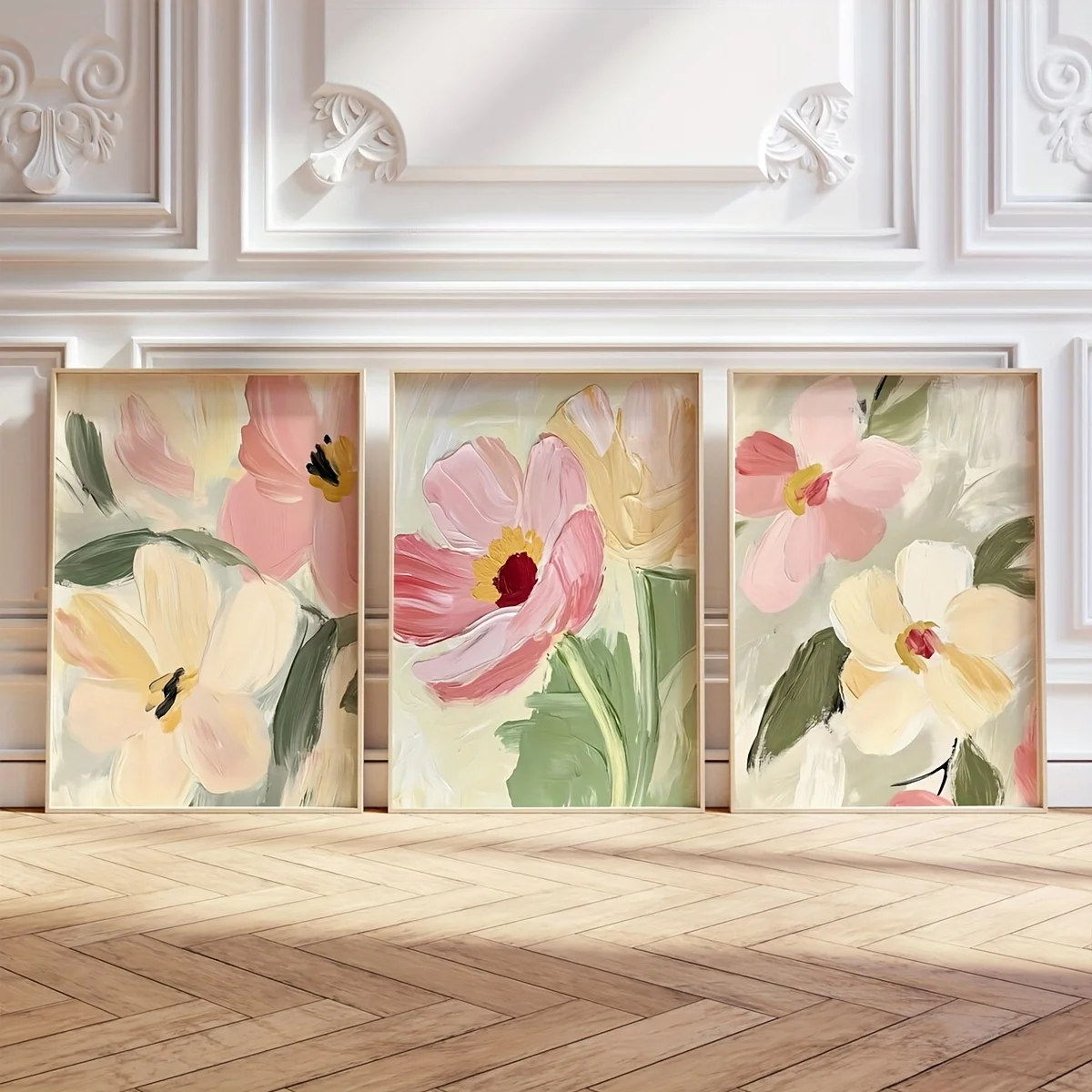 2D Flat, 2D Flat, Pastel Wildflowers Oil Painting Posters Prints Set of 3, Neutral Tones Abstract Floral Prints, Cottagecore