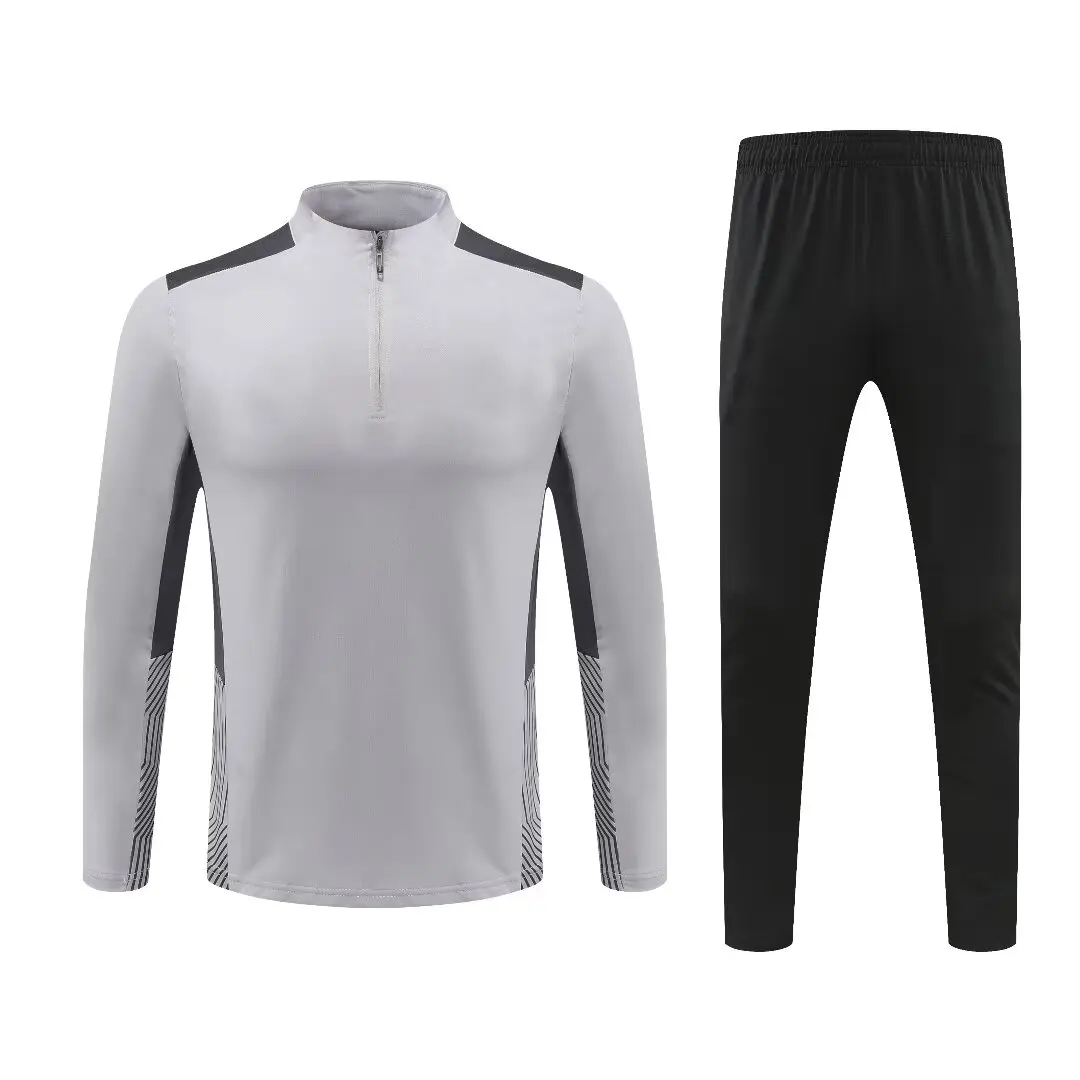 new Men and Kids  sports set boy girl grey Fans Half Zipper Jacket Training wear games Jerseys Soccer  Kit Tops and trousers