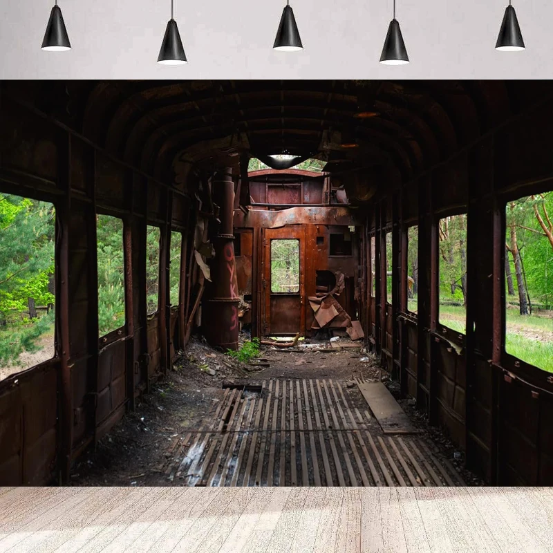 Vintage Abandoned Train Interior Photography Backdrop Old Dirty Wooden Floor With Door Window View Of Forest Train Background