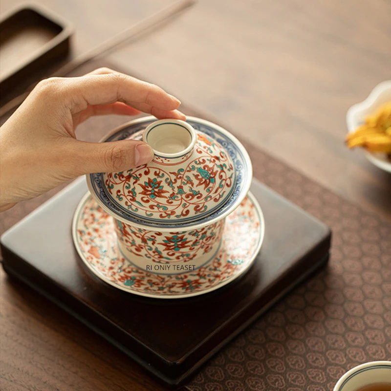 140ml Chinese Pastel Ceramic Gaiwan Teacup Handmade Flowers Porcelain Tea Tureen Travel Portable Tea Bowl Household Teaware