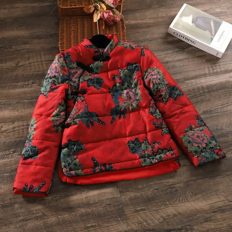 2023 Fall Winter New Ethnic Style Retro Print Thickened Cotton Jacket Warm Chinese Improved Padded Coat Women Abrigos Tops Z3105