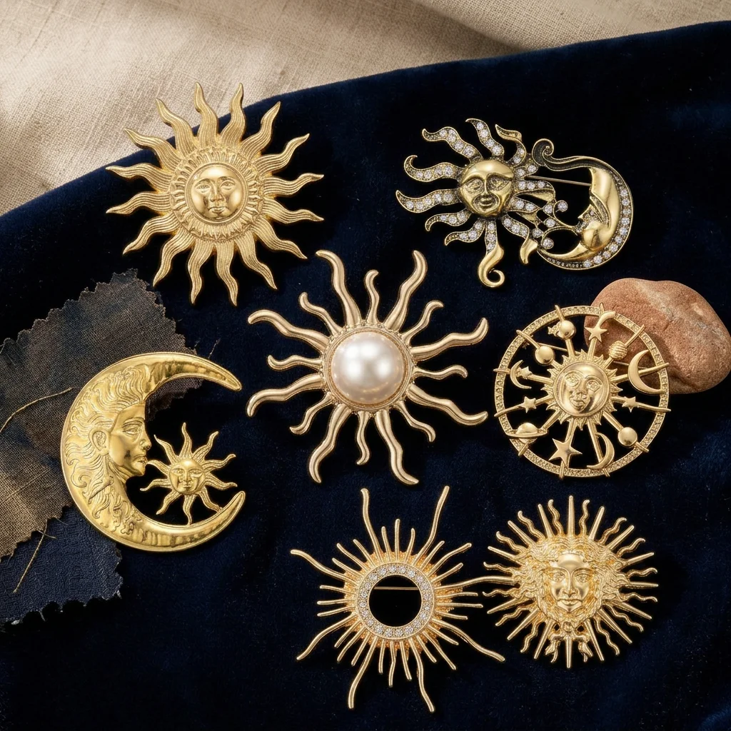 Luxury Glossy Moon and Sun Brooches for Women Unisex Trendy Natural Pins Casual Party Jewelry Accessories Gifts Decoration