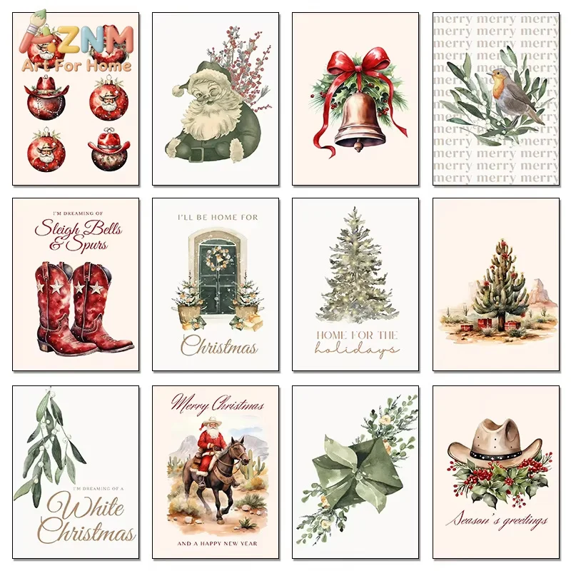 1PC Christmas Bell Wreath Santa Western Tree Holiday Poster Print Wall Art Pictures Painting Living Room Bedroom Home Deco