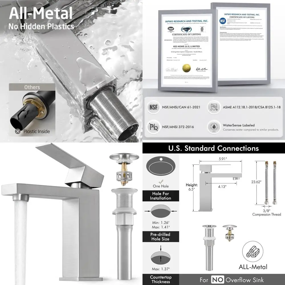 

Single Handle Brushed Nickel Bathroom Sink Faucet with Drain, 1 Hole Vanity Fixture, Stainless Steel, cUPC NSF Certified