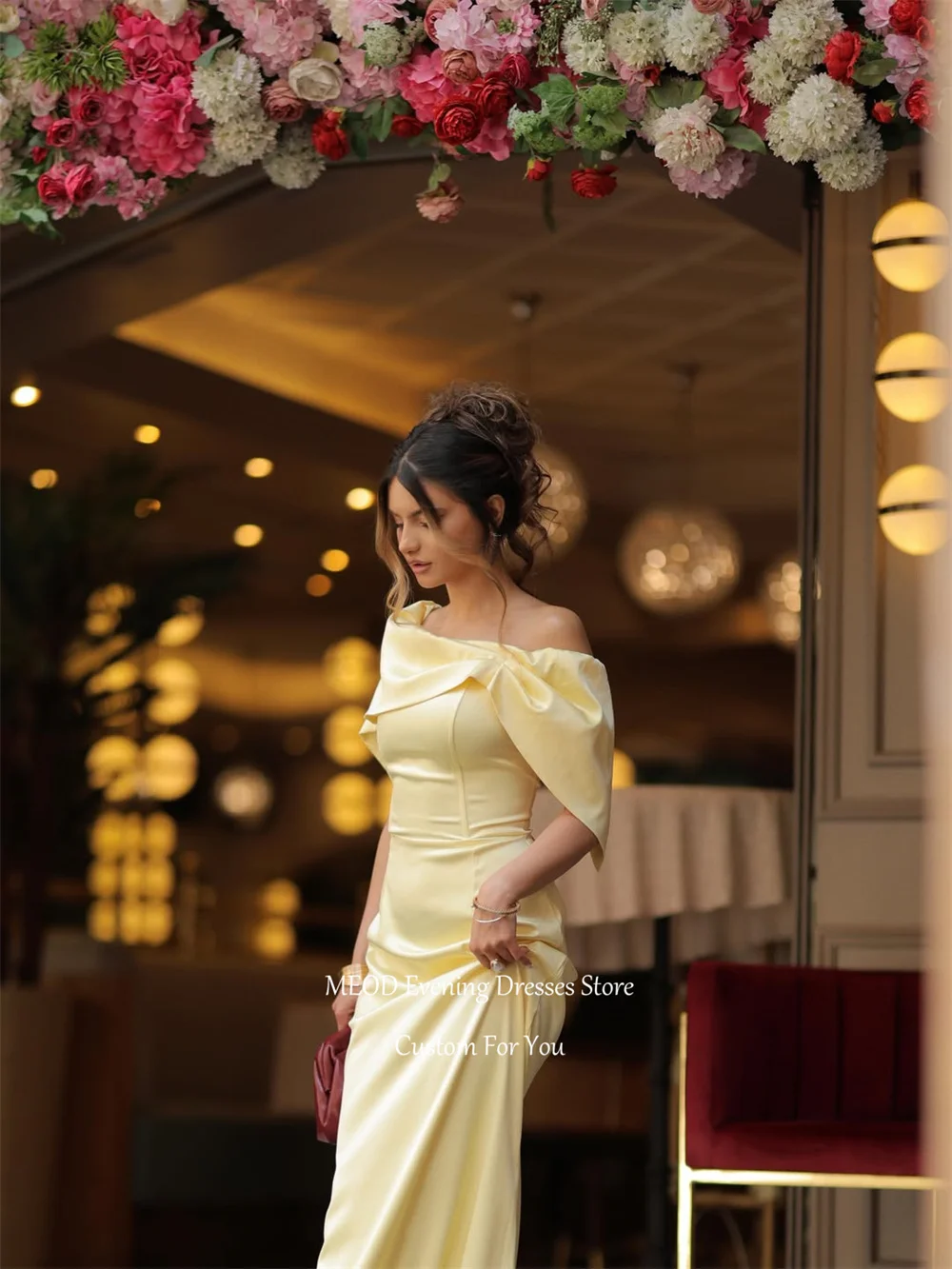 MEOD Yellow Strapless Mermaid Evening Gown Off The Shoulder Satin Prom Dress Backless Floor Length Vestidos De Fiesta Customized