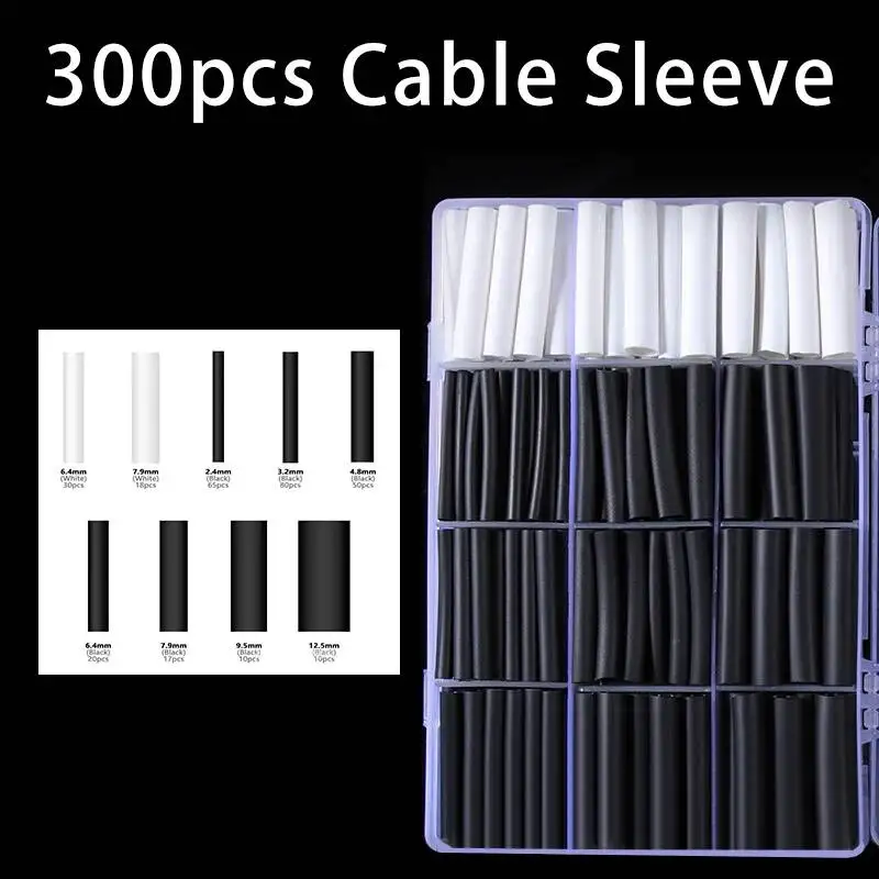 300pcs Black-and-white Heat Shrinkable Tube 3:1 Cable Sleeve Tube Combination Box Set DIY Industrial Home Use Connector