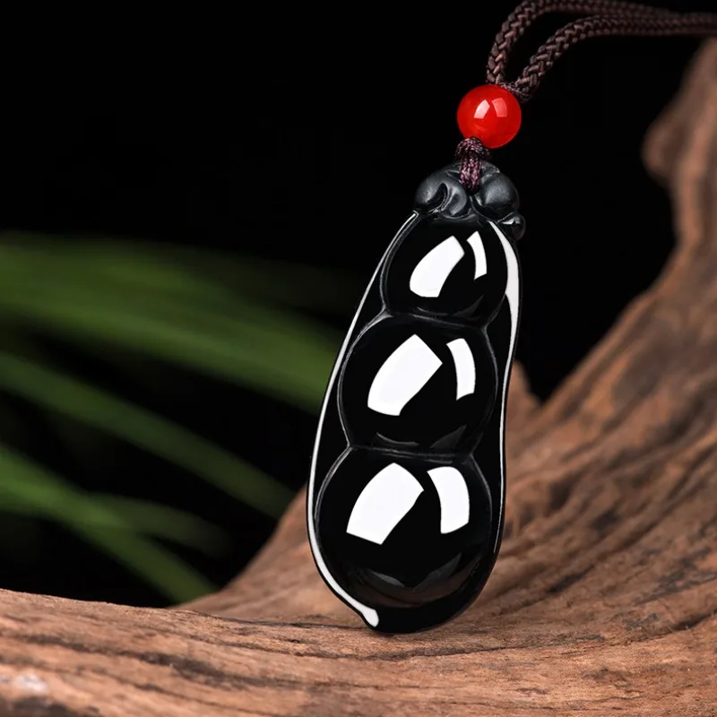 Genuine Natural Burmese Black Emerald Beans Pendant Necklace Jade Hand-carved Fashion Charm Jewelry Amulet Gifts for Men Luxury