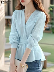 ZANZEA Elegant Wrapped V Neck Blouses Women Trendy Waist-Cinched Lantern Sleeve Striped Blusas Mujer Korean Style Tunic Tops