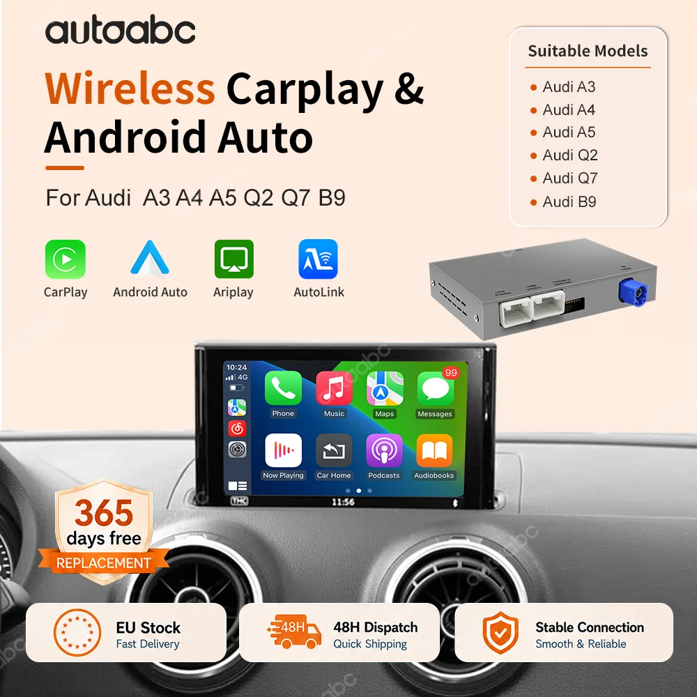 AUTOABC CarPlay sans fil Android Auto pour Audi A3 8V S3 avec MIB (2013–2018), MirrorLink AirPlay Bluetooth GPS Navigation Interface Decoder Box