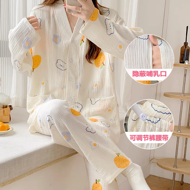 Spring Autumn Thin Cotton Kimono Nursing Pajamas Summer Pregnant Women Breathable Soft Print Sweet Postpartum Home Wear