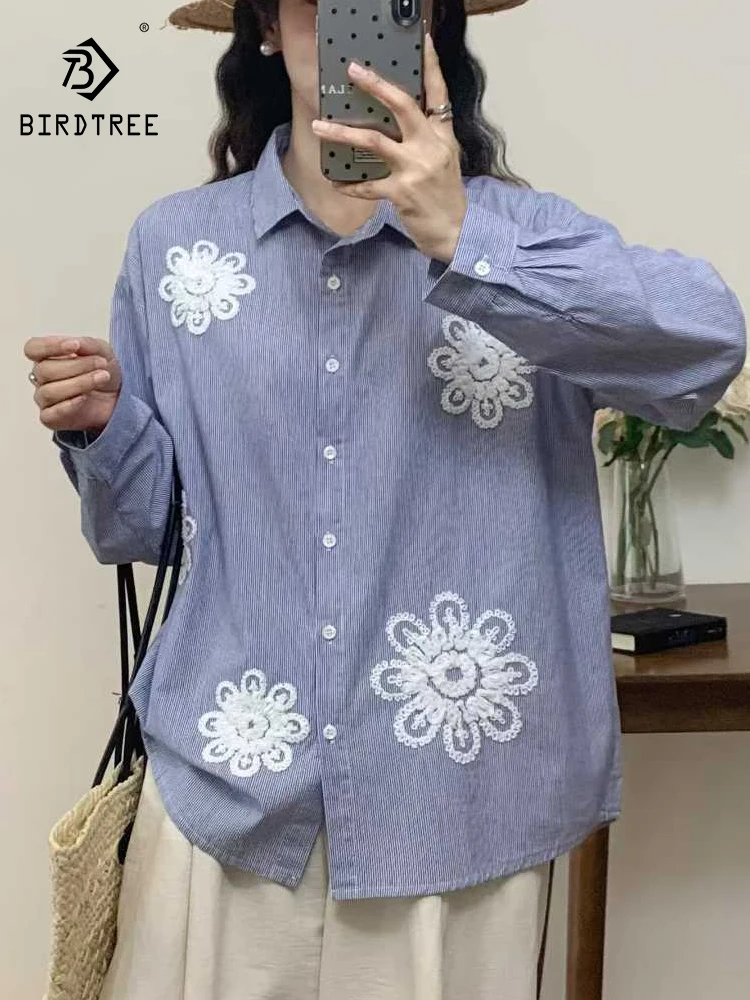 

New 2026 Spring Women Cotton Long Sleeve Shirt, Lapel 3D Embroidery Striped, Mori Girl Fashion OL Commute Loose Blouse T62228CC