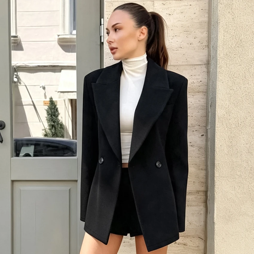 Black Office Lady Woven Inelastic Woman'S Top Soild Color Waist Slim Lapel Woolen Blazer Double Breasted Long Sleeve Coat 2026