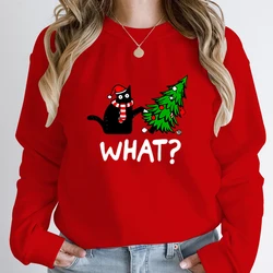 Christmas Black Cat Christmas Tree What Print Sweatshirts O Neck Tops For Women Long-sleeved Autumn Winter Solid Color Pullovers