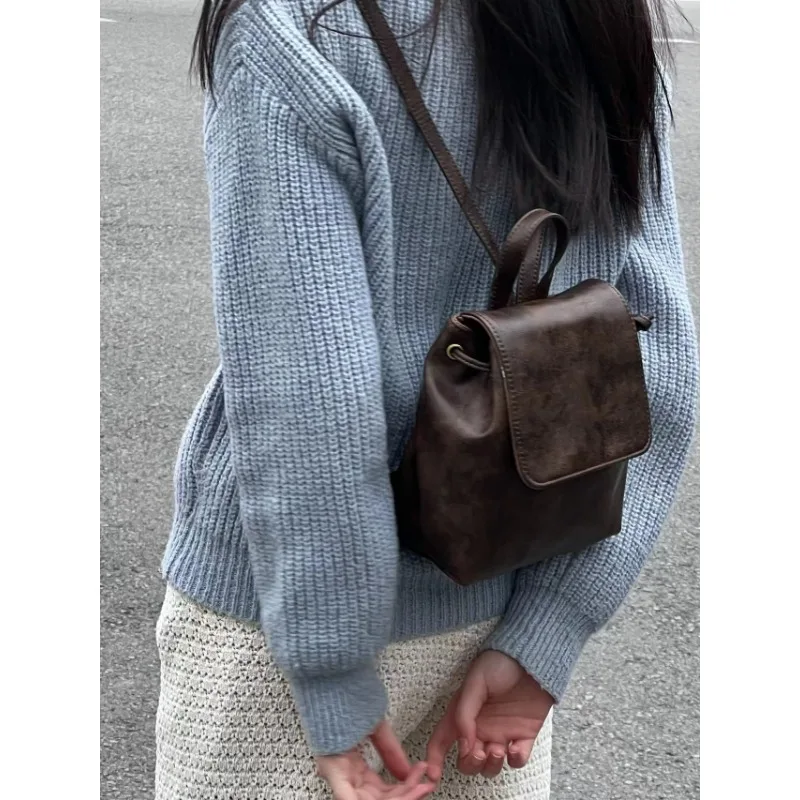 2024 Trendy New Women\'s Bags Fashion Texture Small Retro American Brown Backpack Simple Versatile Shoulder Bag