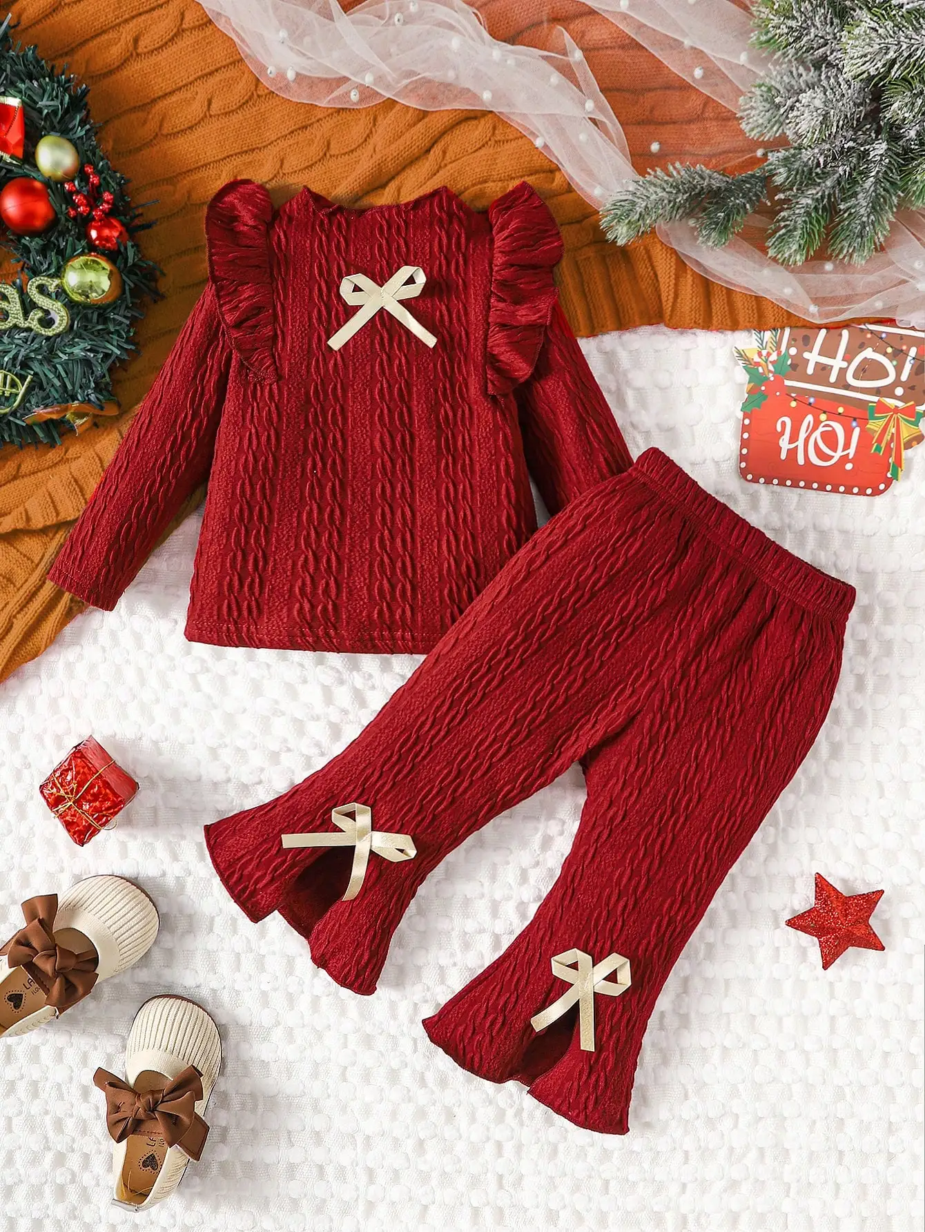 Baby Girl Autumn Exquisite Style Set Wine Red Knitted Top Split Bellbottom Pants Bow Decoration Casual Occasion Dressing