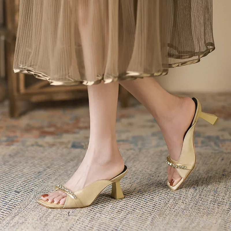 Shoes Summer Women Sandals Silk Rhinestone High Heels Square Toe 5CM Sandles Casual Heels Mature Shoes Women's champagne Sandals