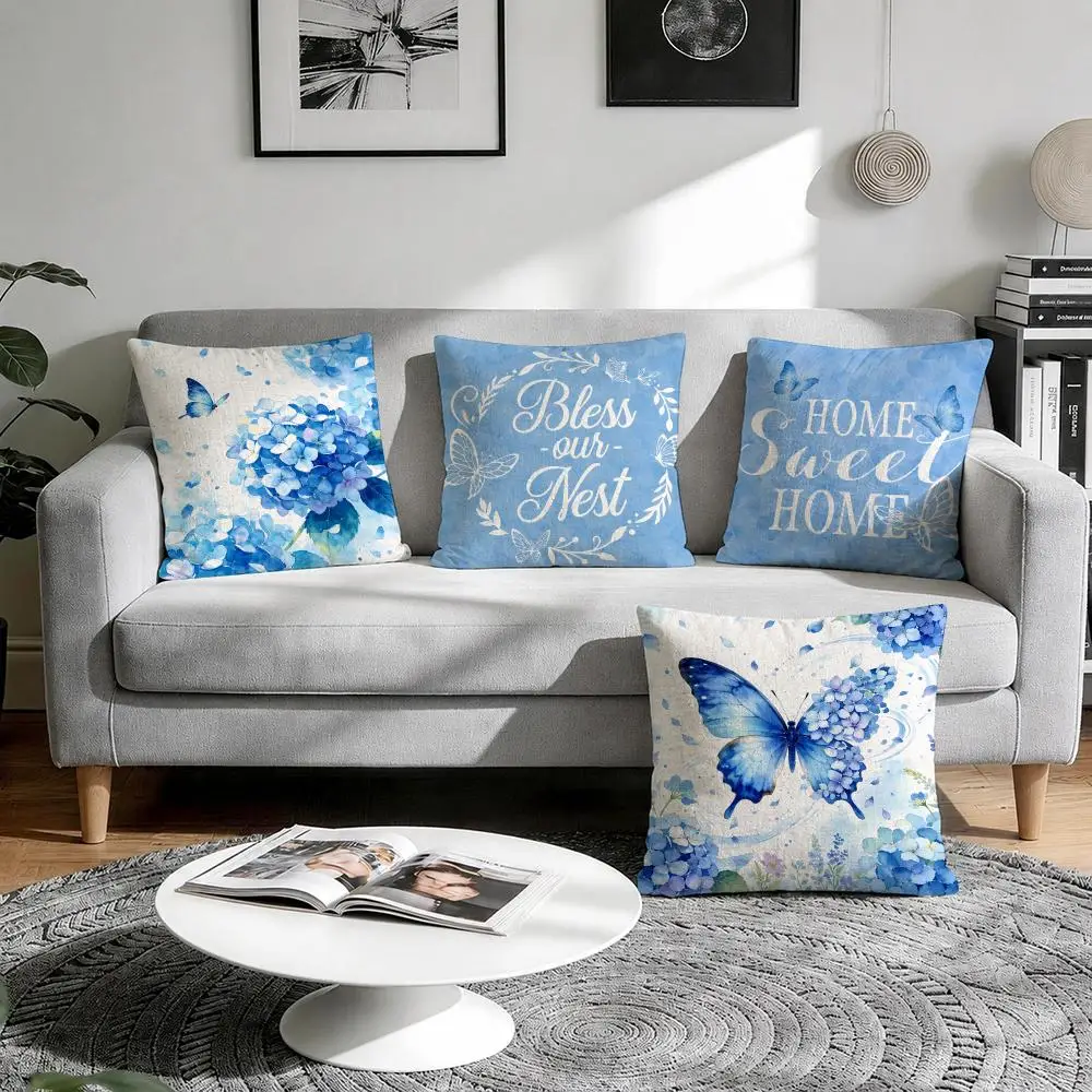 Blue watercolor hydrangea Cushion Cover Natural Breathable Durable Linen Printed Decor Pillow Case Sofa Bedroom