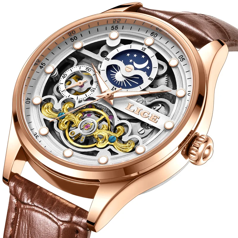 LIGE Top Luxury Automatic Mens Watch Fashion Business Mechanical Watches Men Waterproof Luminous Wristwatches Reloj Hombre+Box