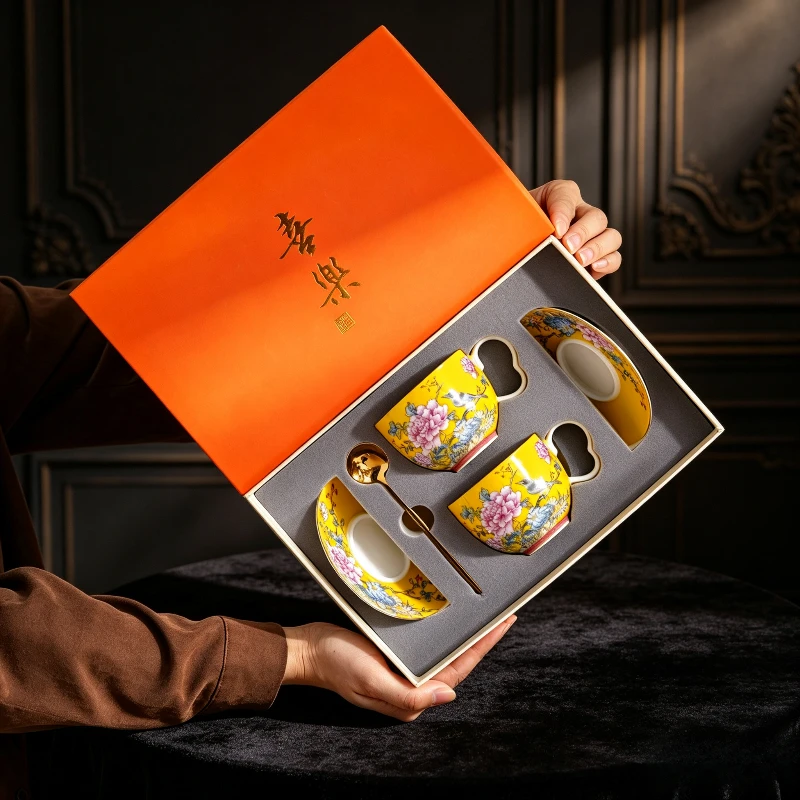 Palace‑Style Enamel Ceramic Coffee Cup Set European Exquisite Afternoon Tea Cup Gift Box Floral Painted Porcelain Drinking Cups