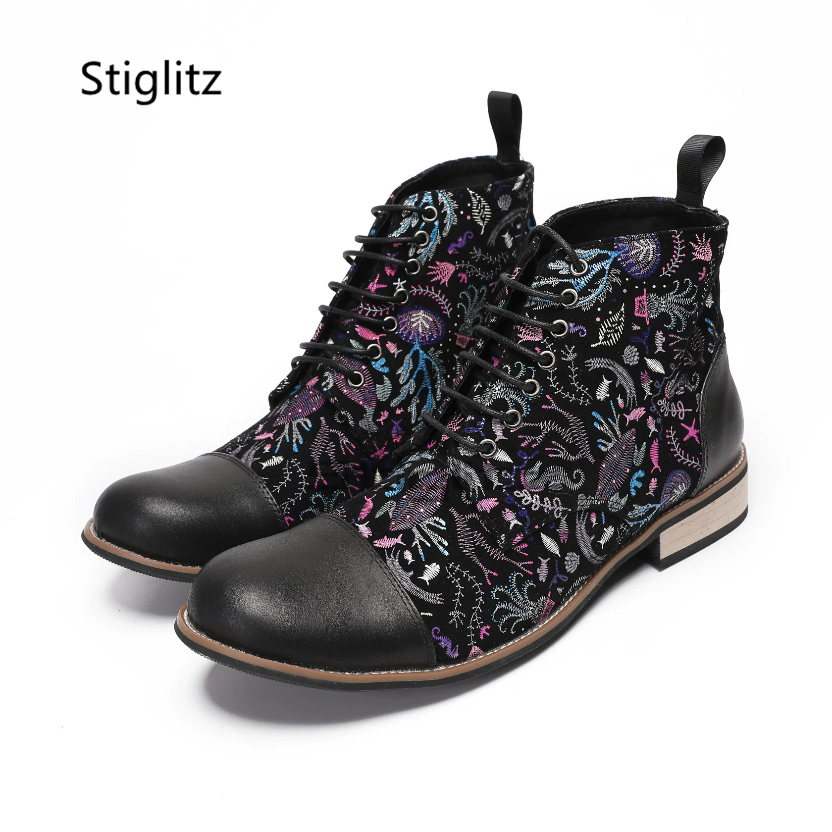 Men's Retro Embroidery Ankle Boots Round Toe Lace Up Genuine Leather High Top Boots Luxury Handmade Business Dress Male Shoes
