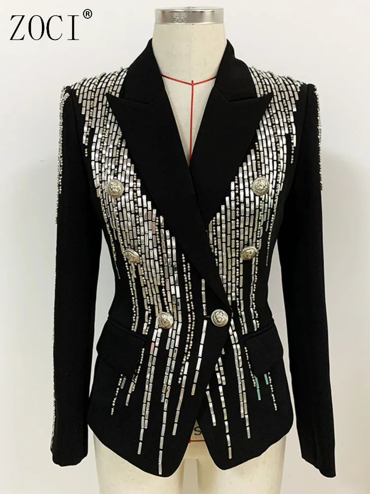 

ZOCI Fashion Women's Blazer Double Breasted Metal Sheet Heavy-duty Nail Bead Slim Fit Suit Office Lady 2025 Spring New Item