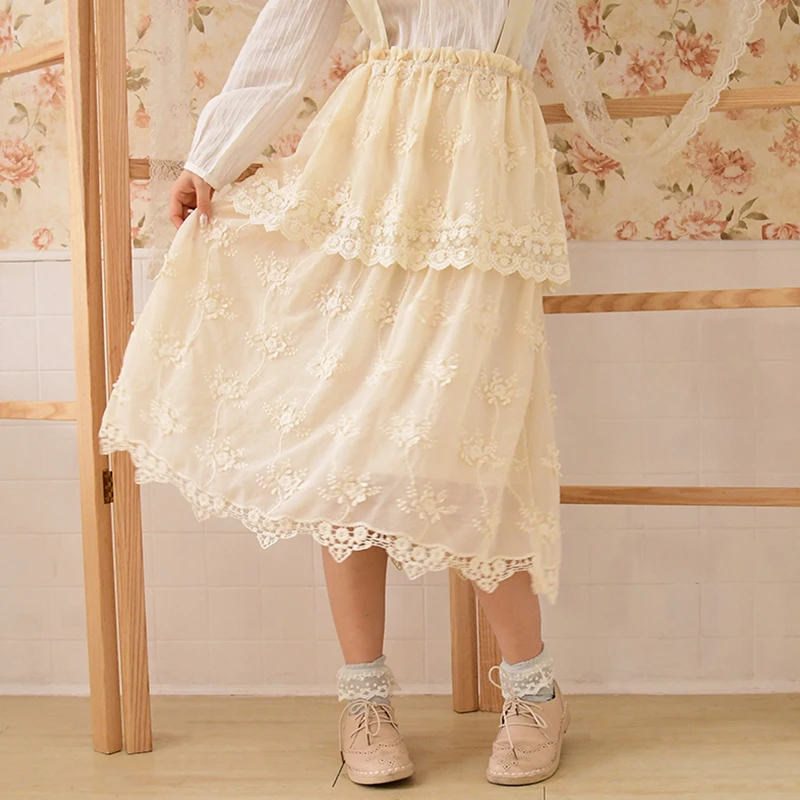 

Mori Girl Multi Layer Lace Cotton Skirt Women Clothing Beige Fairy Embroidery Princess Belt Female Kawaii Princess Skirts A042