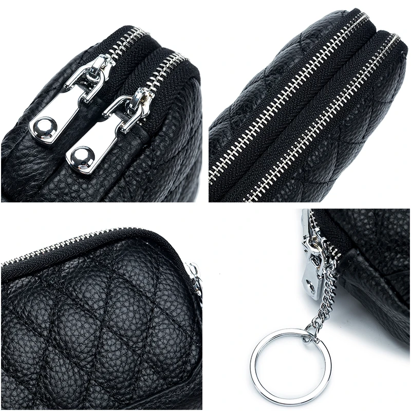 Luxury Diamond Lattice Design Coin Purse for Women Mini Purse with KeyChain Double Zipper Brand Ladies Real Leather Short Wallet