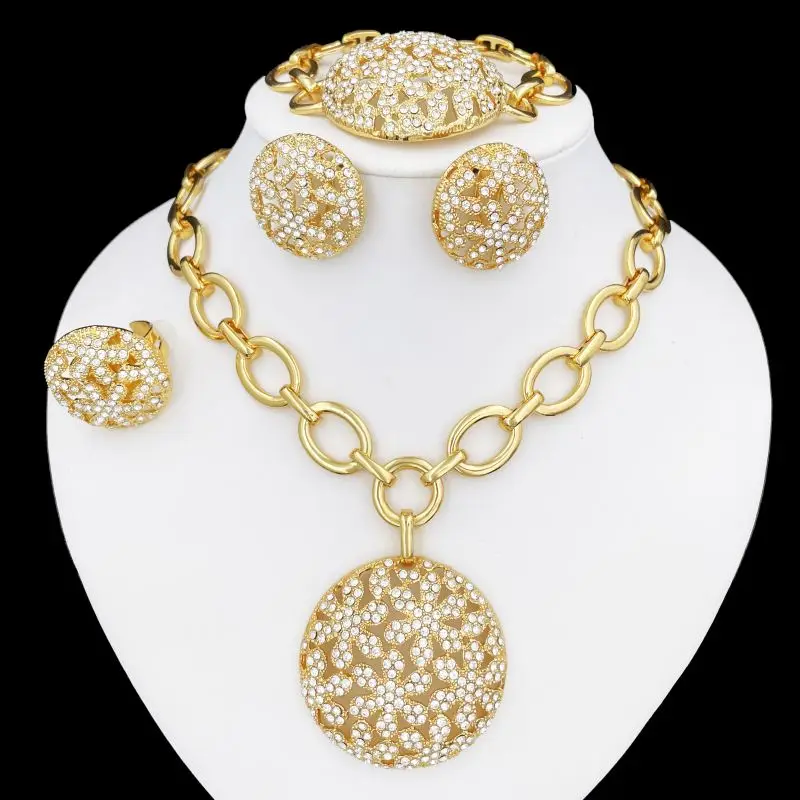 Classic Design Jewelry Set Hollow Floral Pendant Necklace Earrings Bracelet Ring For Women Dubai Brazil Gold Plated Jewelry