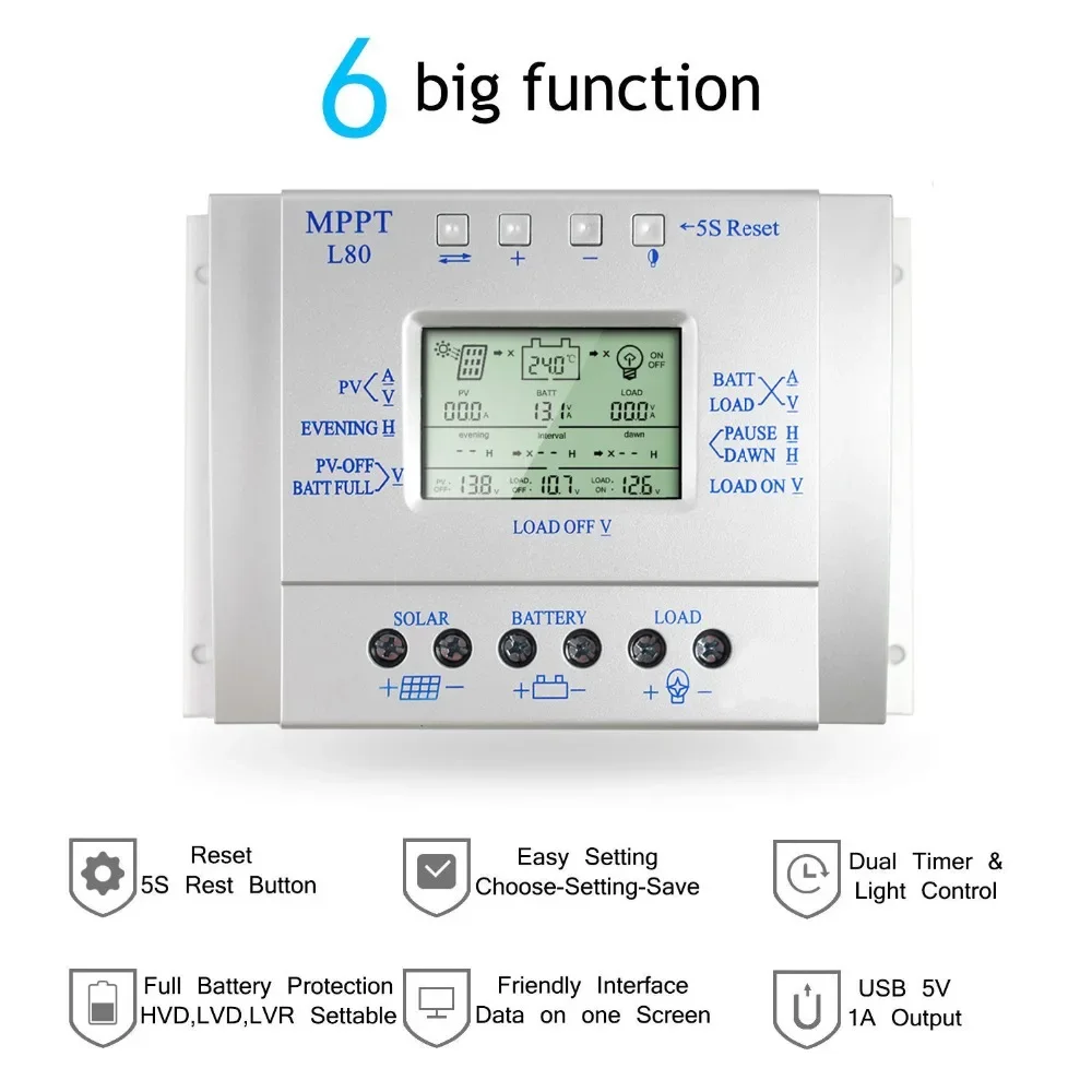 MPPT e PWM Solar Charge Controller, Timer, Charge, 80A, 12V, 24V